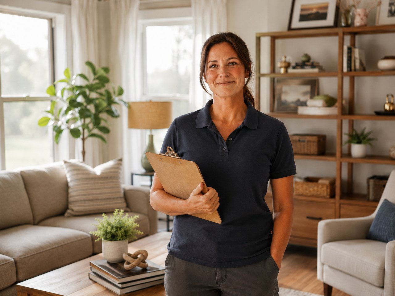 Professional cleanup specialist in a bright, tidy living room